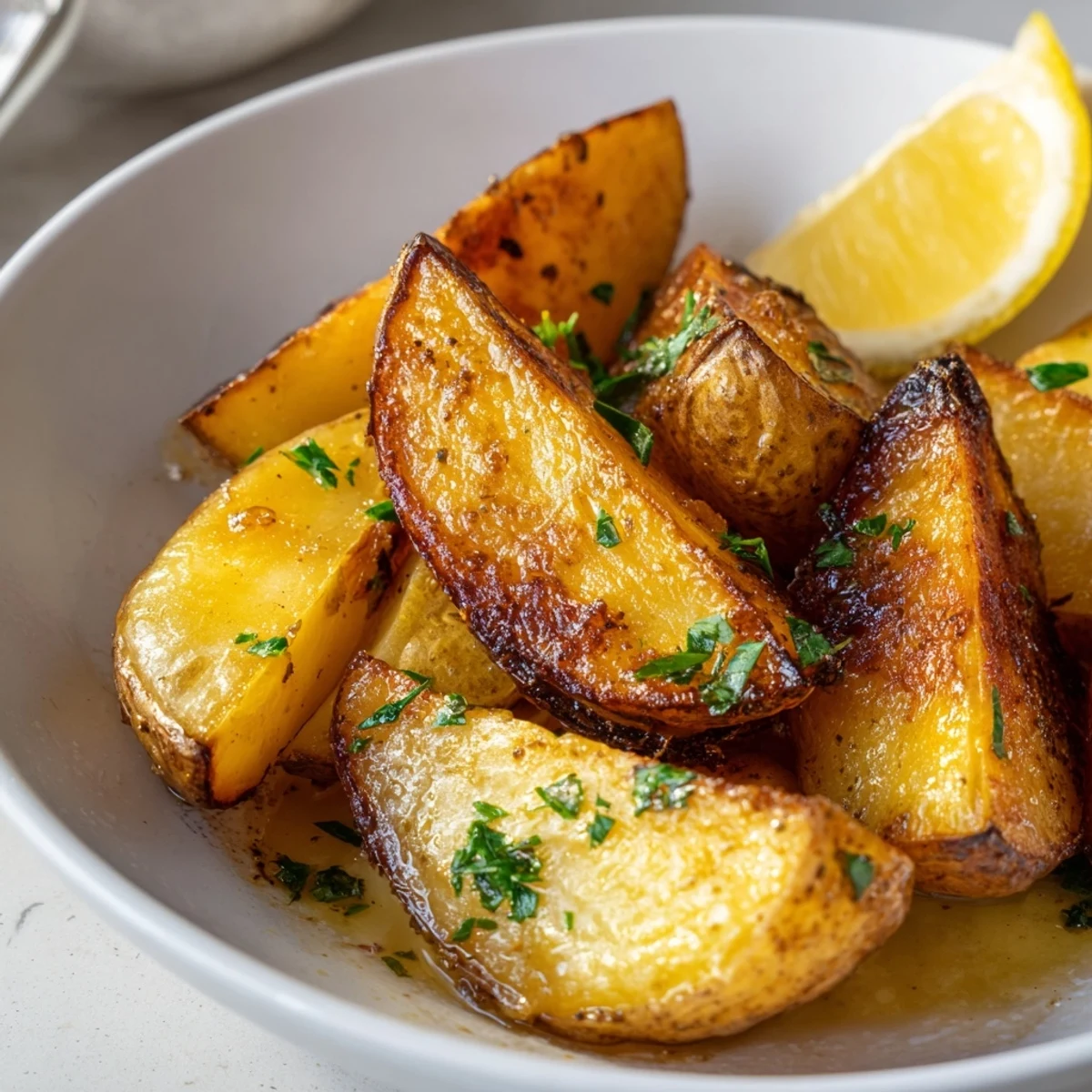 Herb-coated Authentic Greek Lemon Potatoes Recipe, tender inside, garlic-scented, perfect alongside lamb.