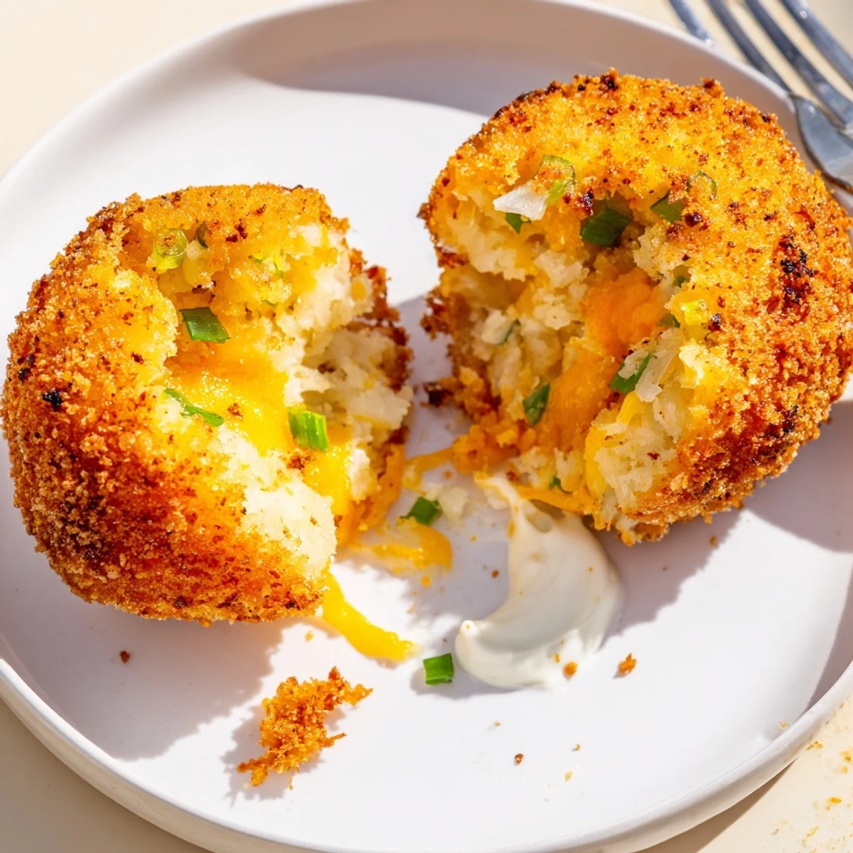 Golden crispy Fried Mashed Potato Balls with creamy cheddar center and scallion garnish