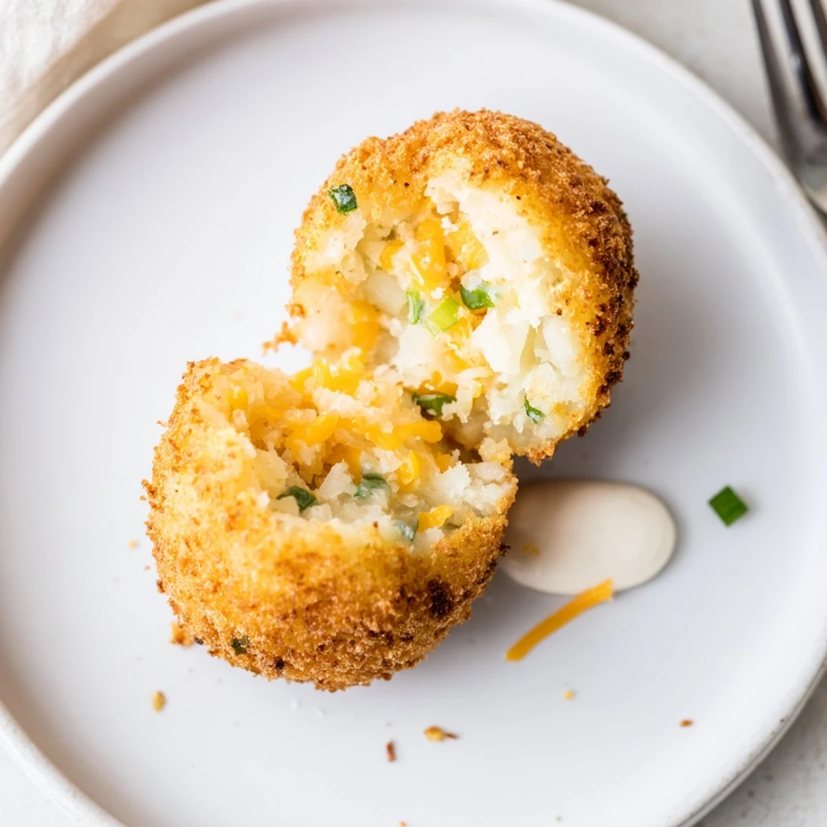 Close-up of breaded Fried Mashed Potato Balls cooling on paper towels, steaming