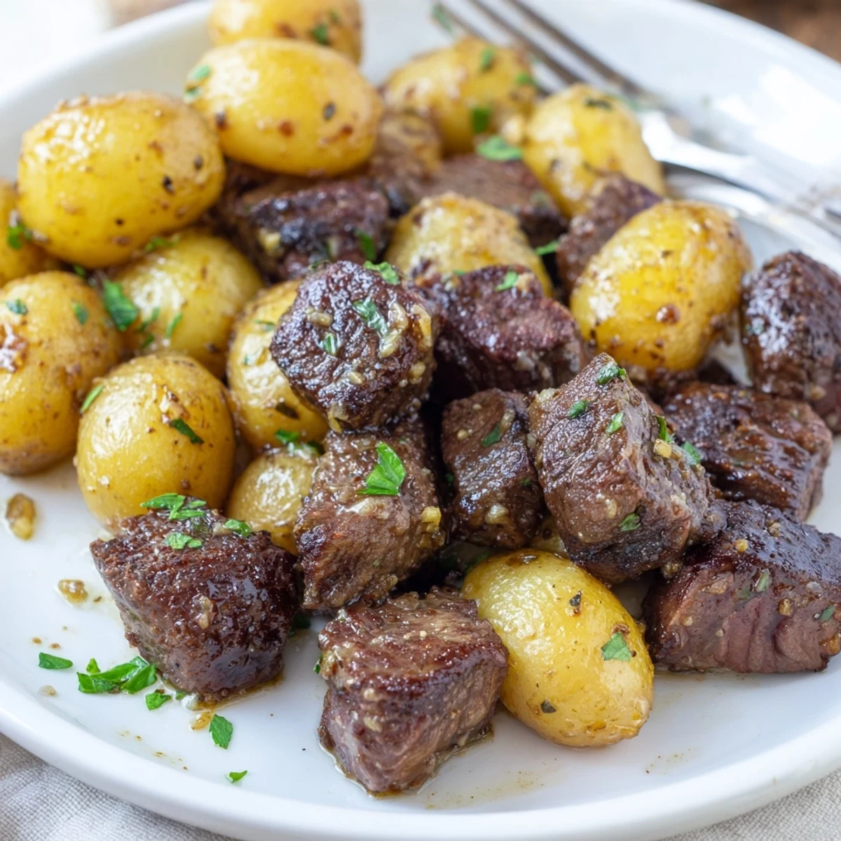 Sizzling Garlic Steak Bites and Potatoes Recipe with browned butter and parsley