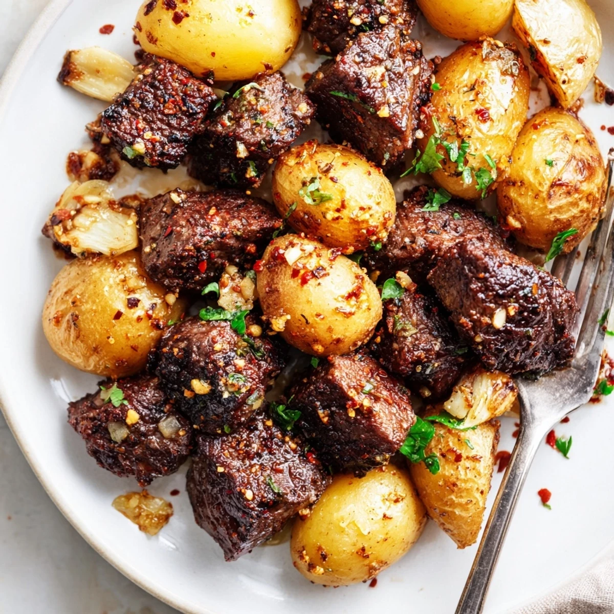 Pan-seared Garlic Steak Bites and Potatoes Recipe tossed in buttery garlic sauce, lemon