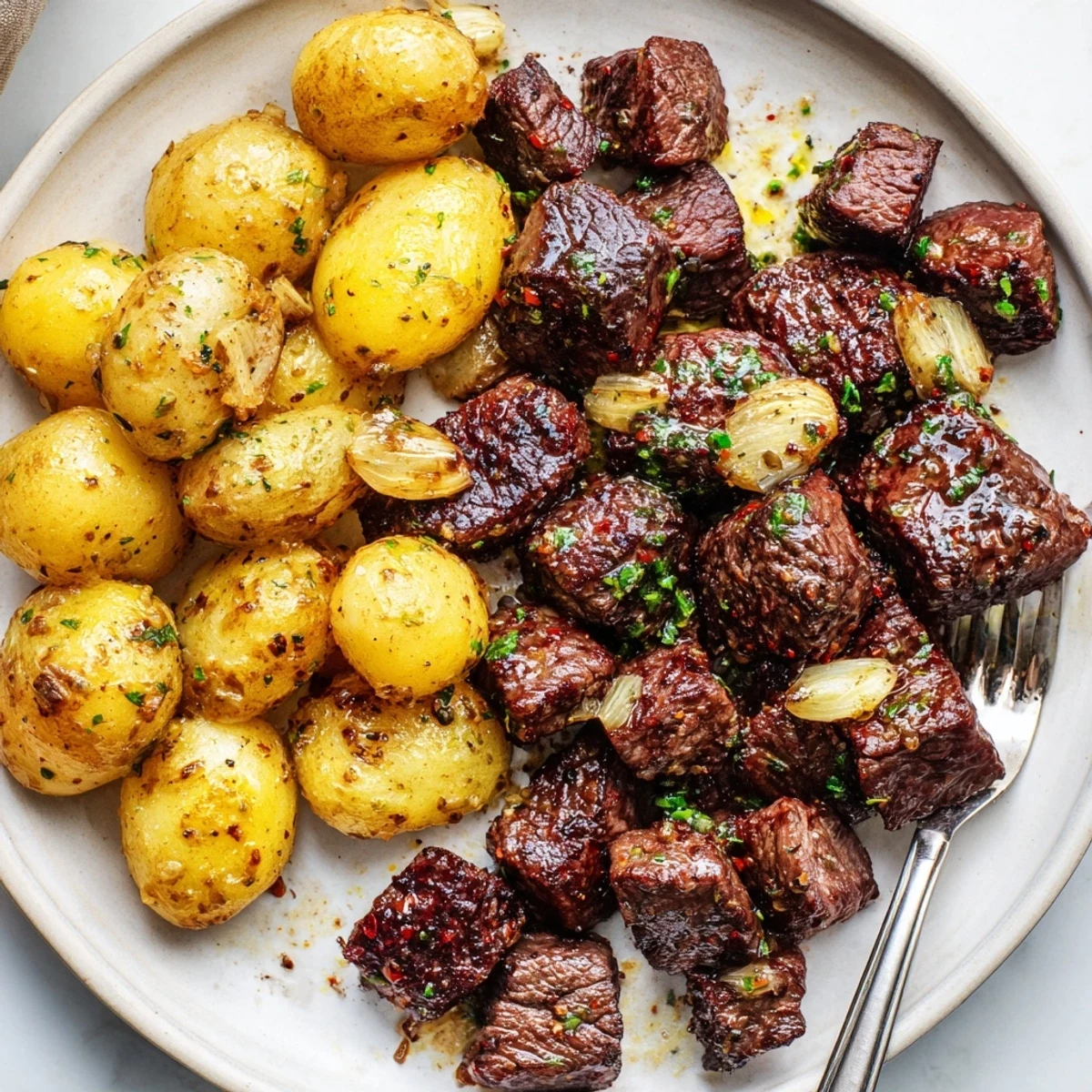 Garlic Steak Bites and Potatoes Recipe—tender sirloin cubes, crispy baby potatoes, fragrant garlic butter