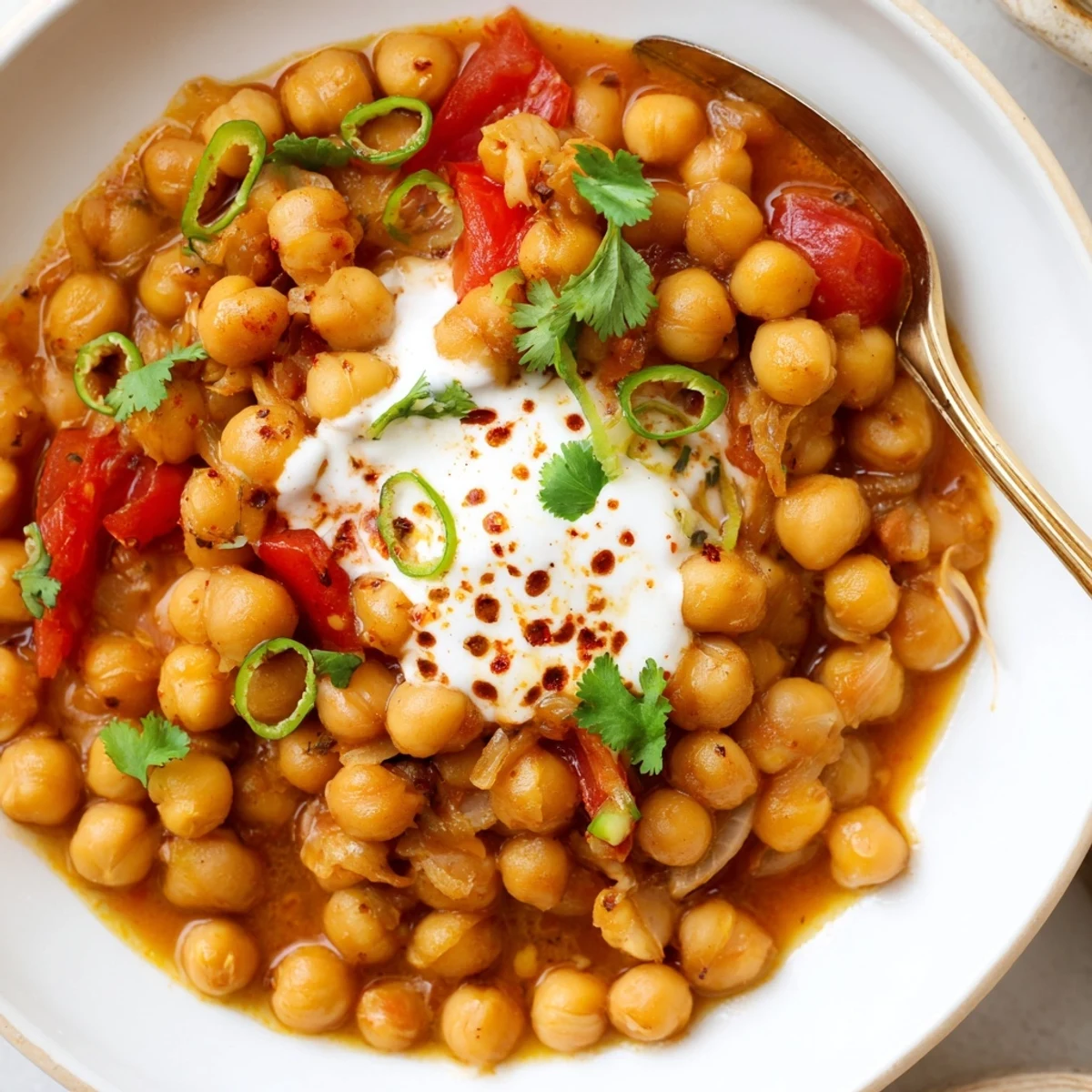 Creamy Greek Yogurt Chickpea Curry steaming over rice, cilantro garnish visible