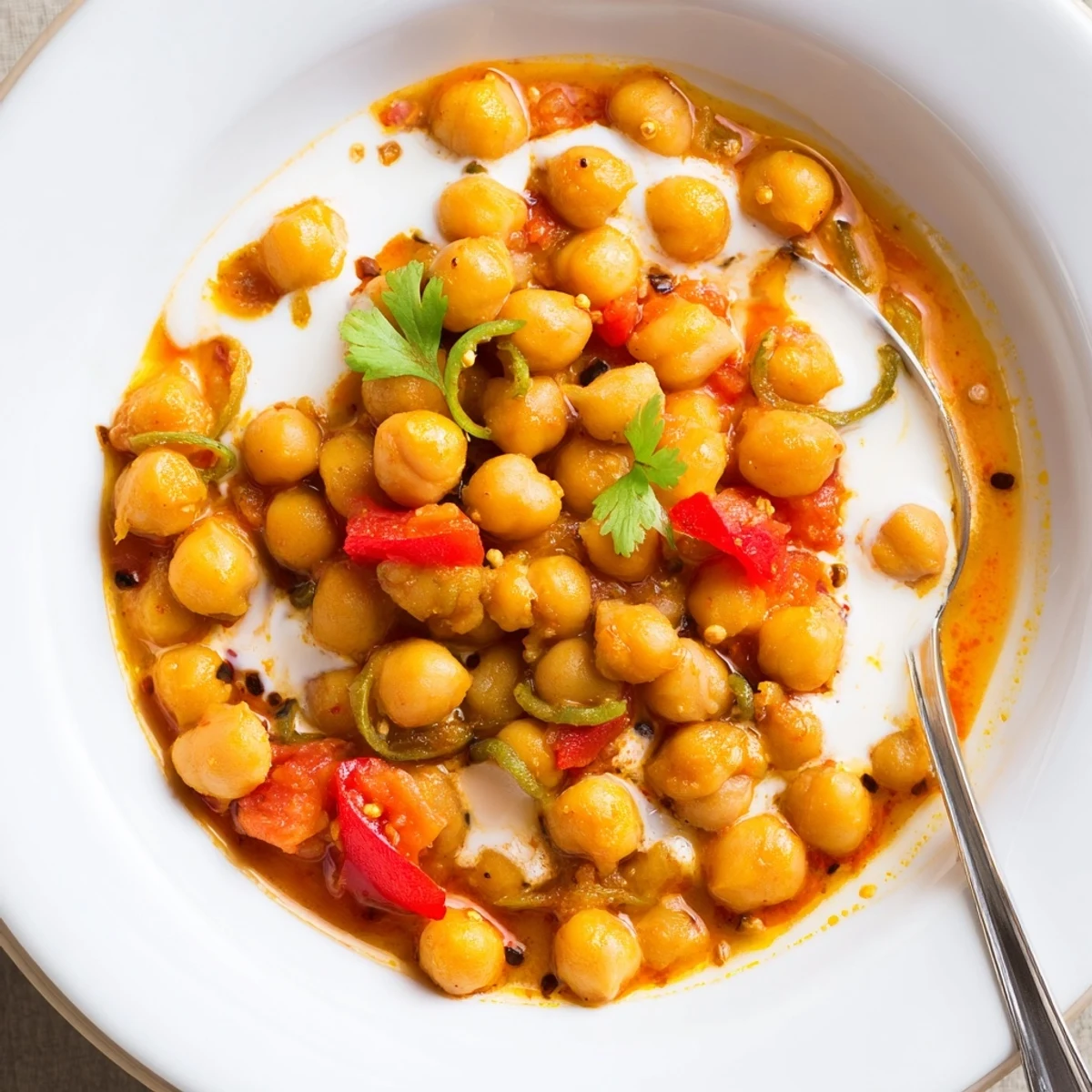 Hearty Greek Yogurt Chickpea Curry spoonful showing creamy texture, bright green chili