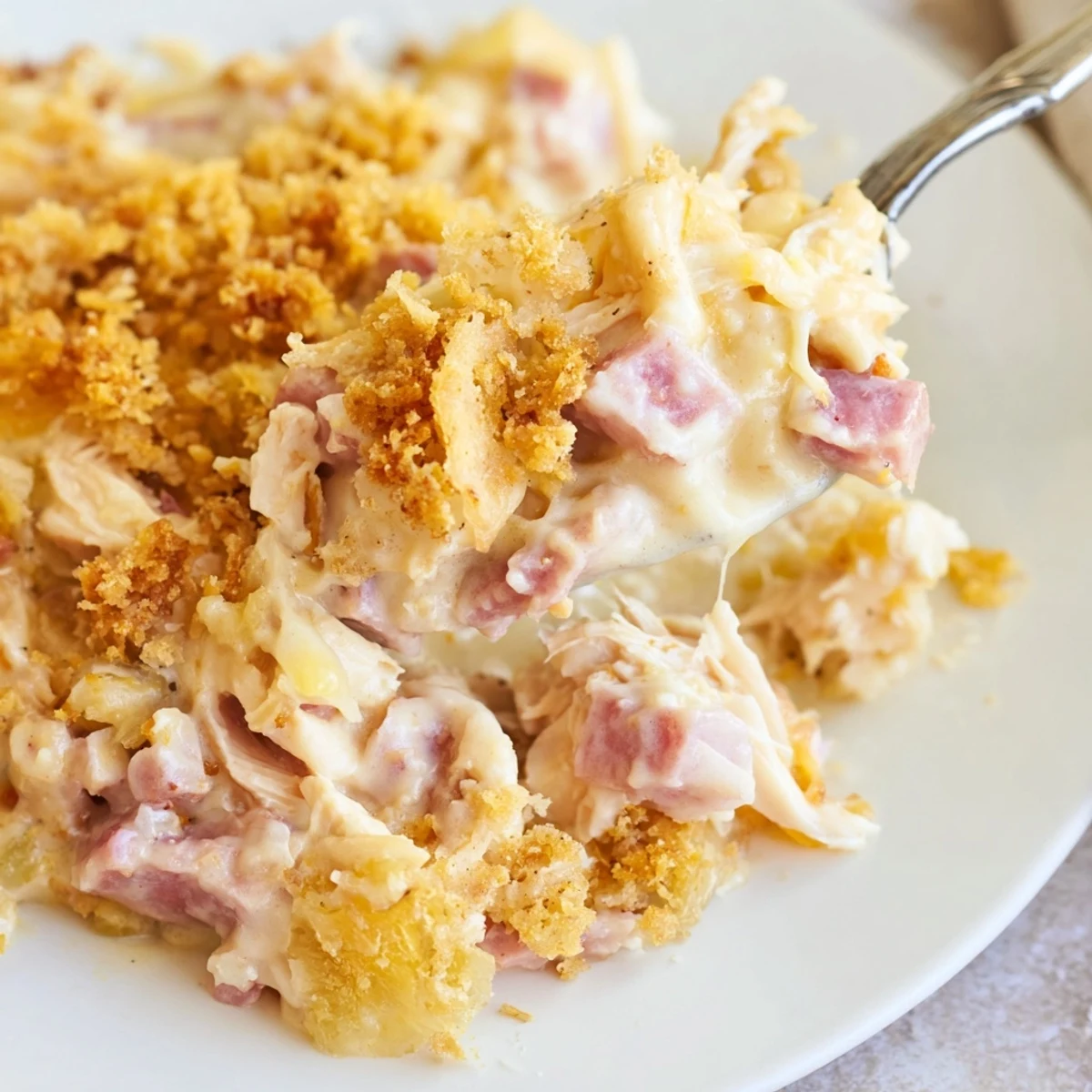 Hearty Chicken Cordon Bleu Casserole Recipe bubbling, creamy Dijon sauce, melted Swiss