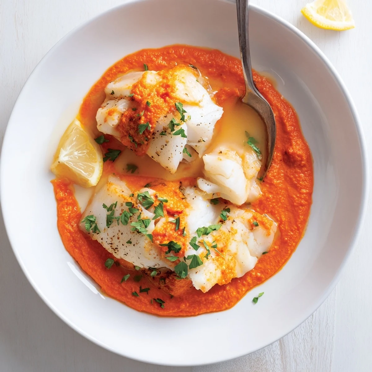 Cod In Roasted Red Pepper Sauce smothering tender fillets, bright lemon and parsley