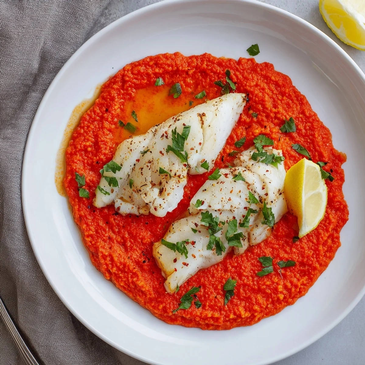 Simple Cod In Roasted Red Pepper Sauce served with rice to soak up flavors