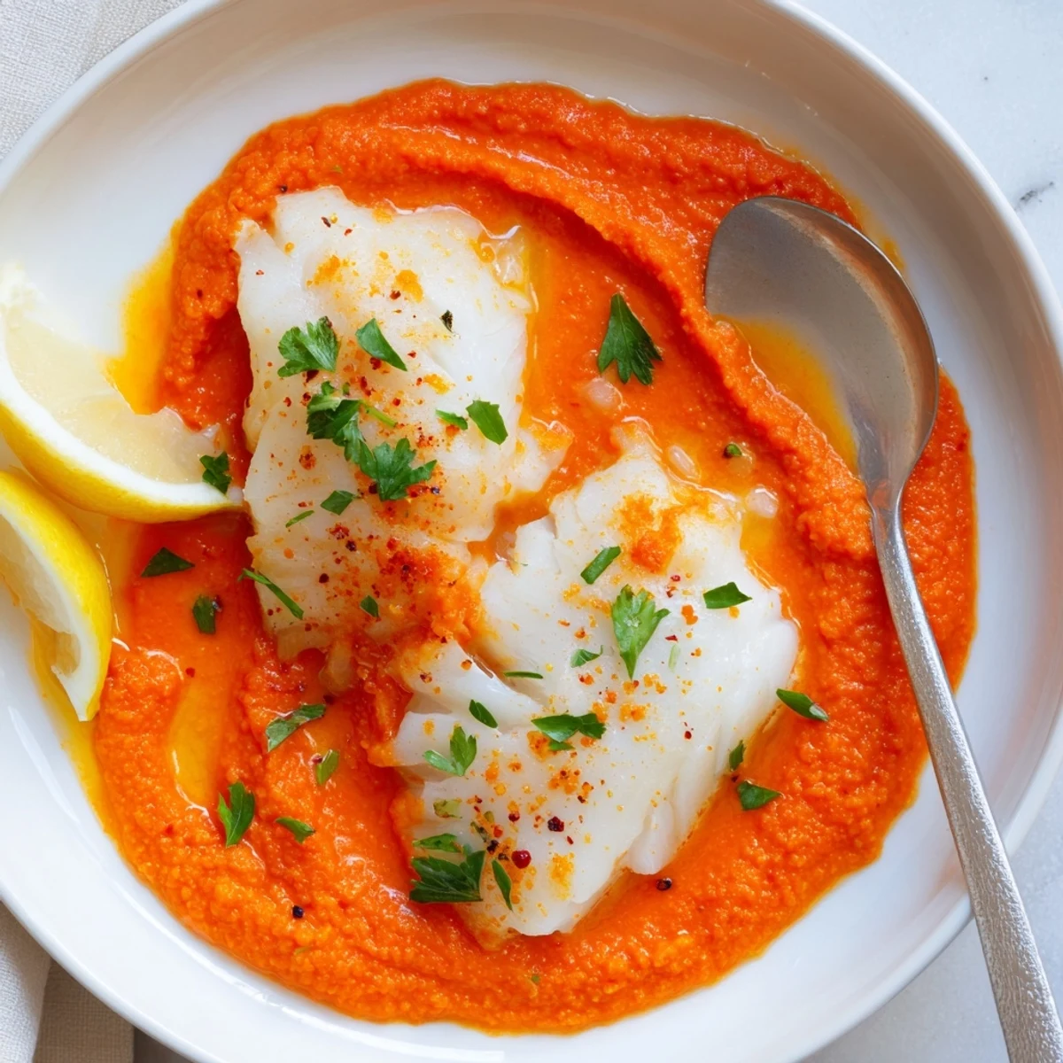 Pan-poached Cod In Roasted Red Pepper Sauce topped with parsley and lemon wedges