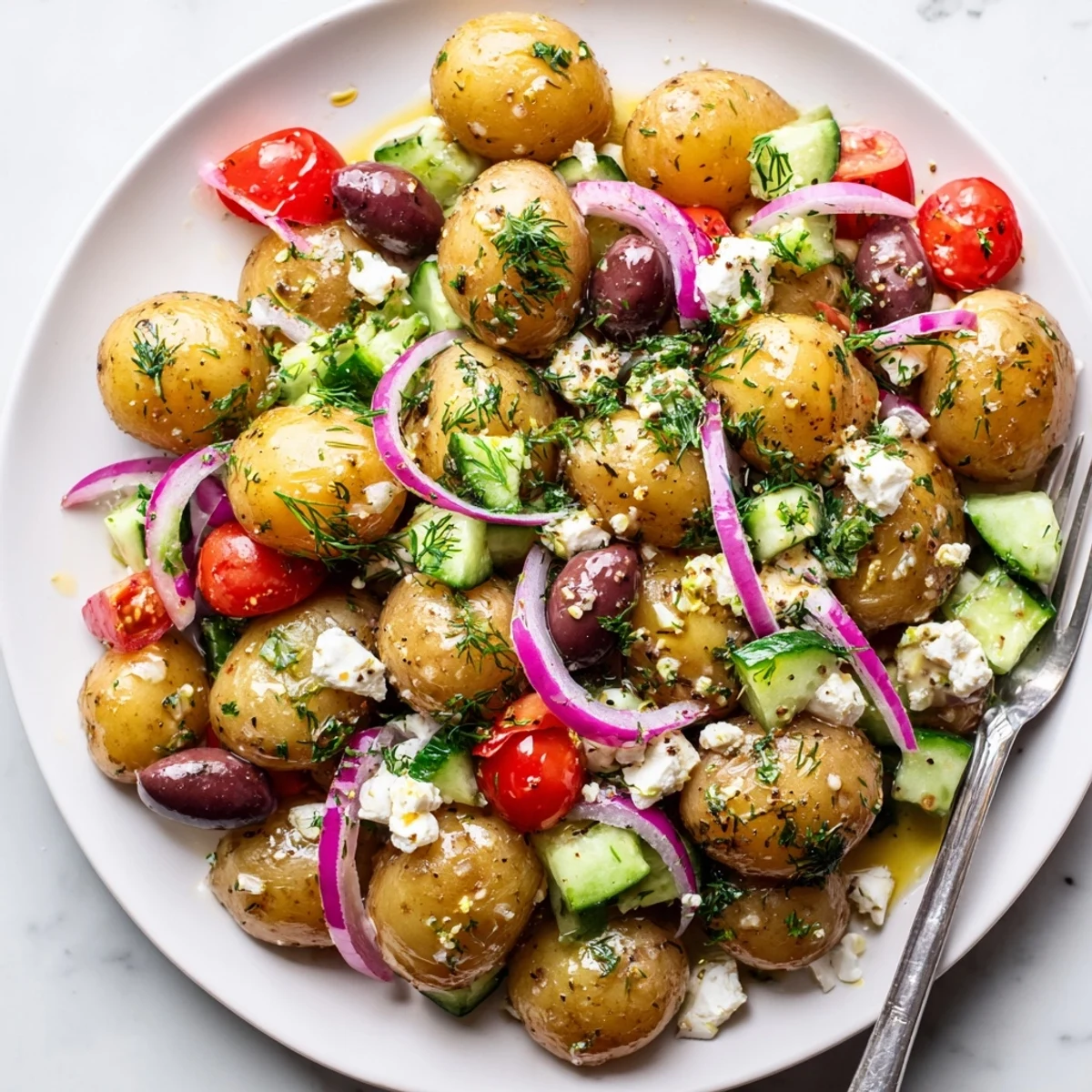 Olive Greek Potato Salad with creamy feta, briny Kalamata, lemony herb dressing  