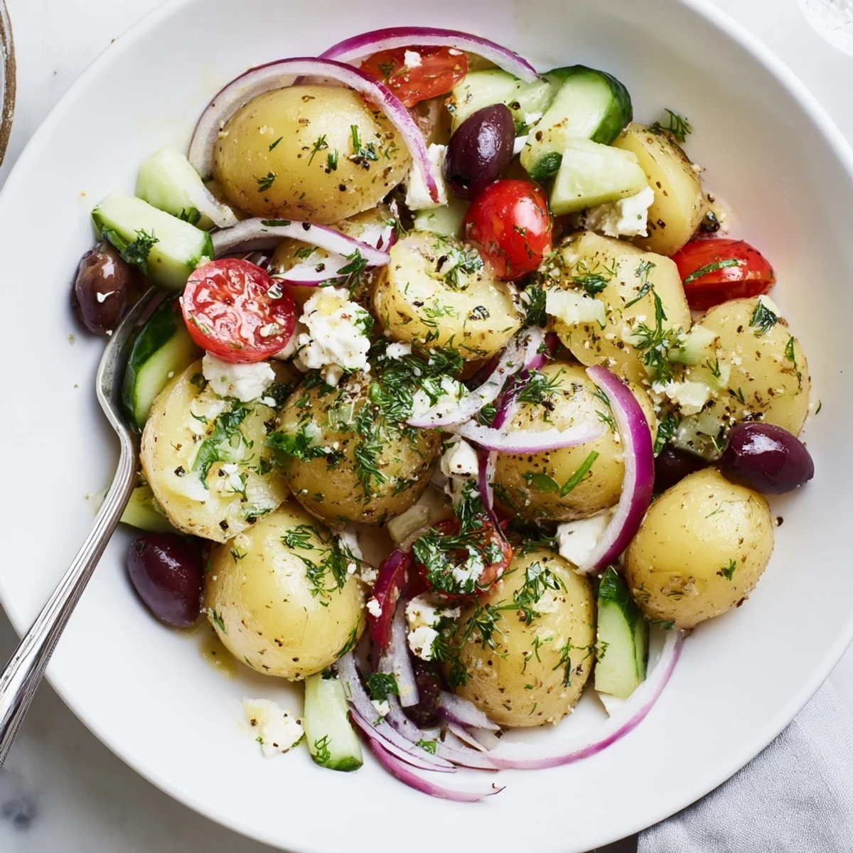 Bright Olive Greek Potato Salad tossed with warm halved potatoes and dill  