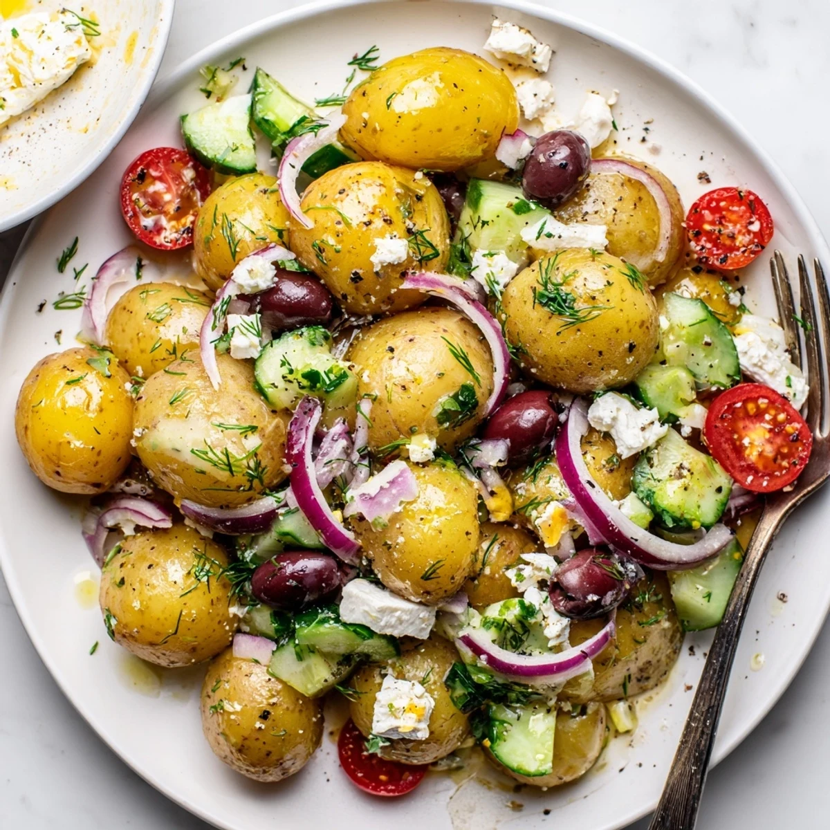 Chilled Olive Greek Potato Salad studded with cherry tomatoes, cucumbers, and parsley