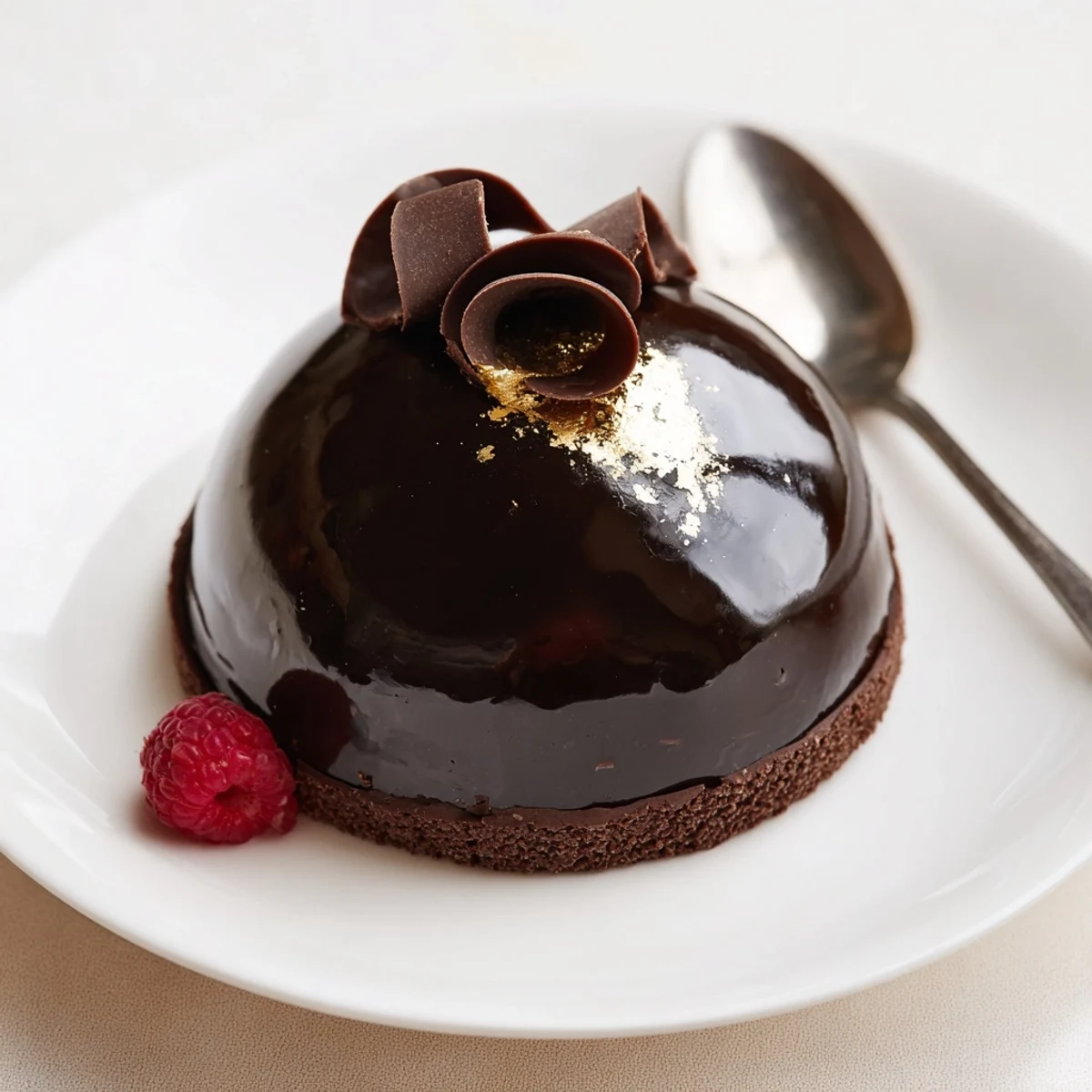 Elegant Chocolate Mascarpone Dome Dessert With Glossy Shells glistening, set on vintage plate