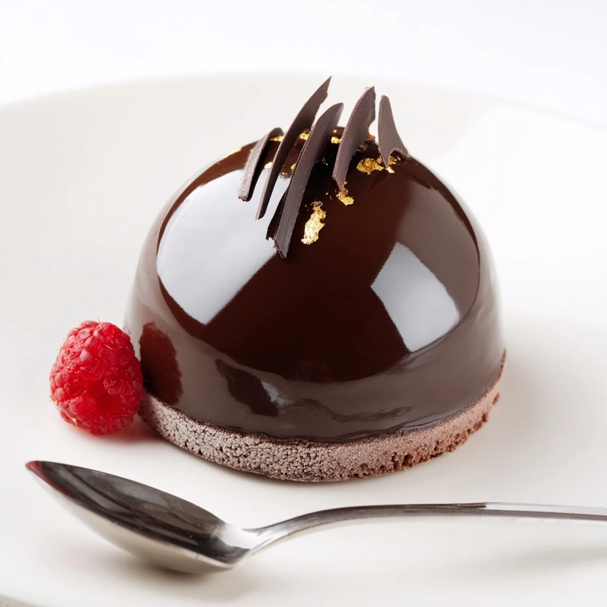 Elegant Chocolate Mascarpone Dome Dessert With Glossy Shells sliced to reveal silky mascarpone