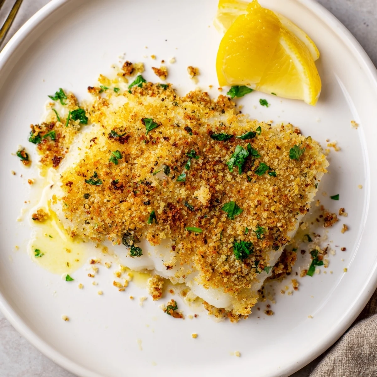 Boston Baked Cod with golden breadcrumb crust, lemon wedges and steaming flakes.