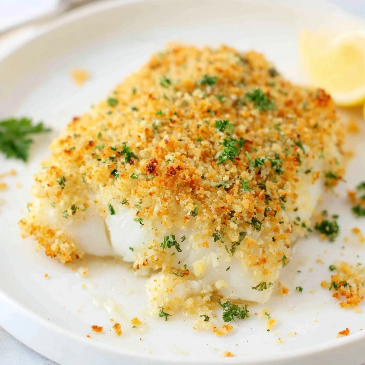 Flaky Boston Baked Cod topped with buttery crumbs and bright parsley.
