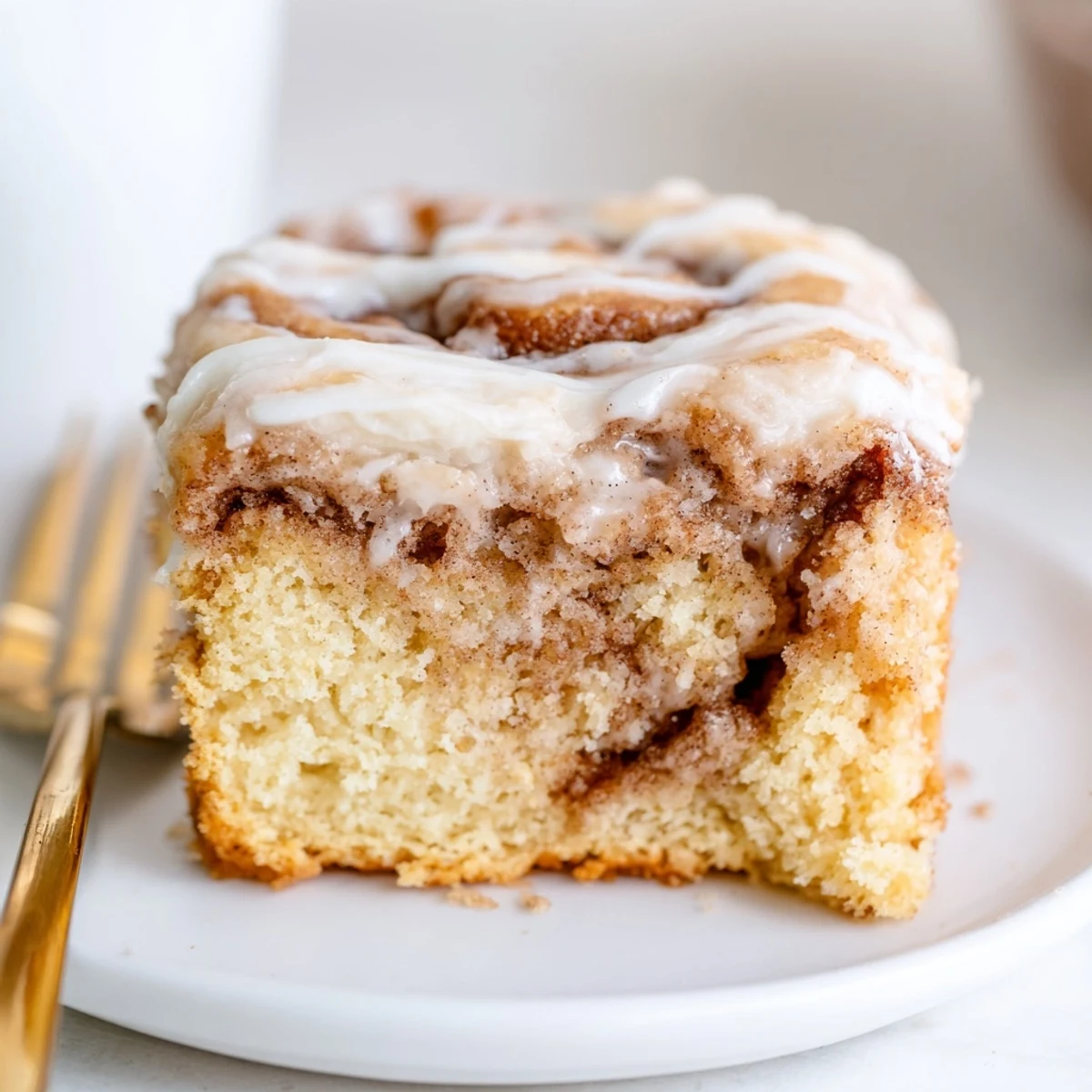 Warm Cinnamon Roll Poke Cake with gooey cinnamon pockets and cream cheese frosting