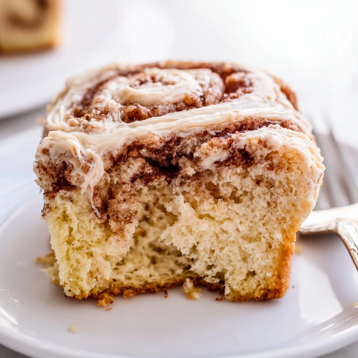 Slice of Cinnamon Roll Poke Cake on plate, tender, fragrant, perfect for brunch