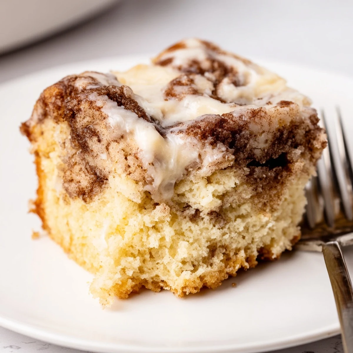 Cinnamon Roll Poke Cake served warm with vanilla ice cream, sticky swirls
