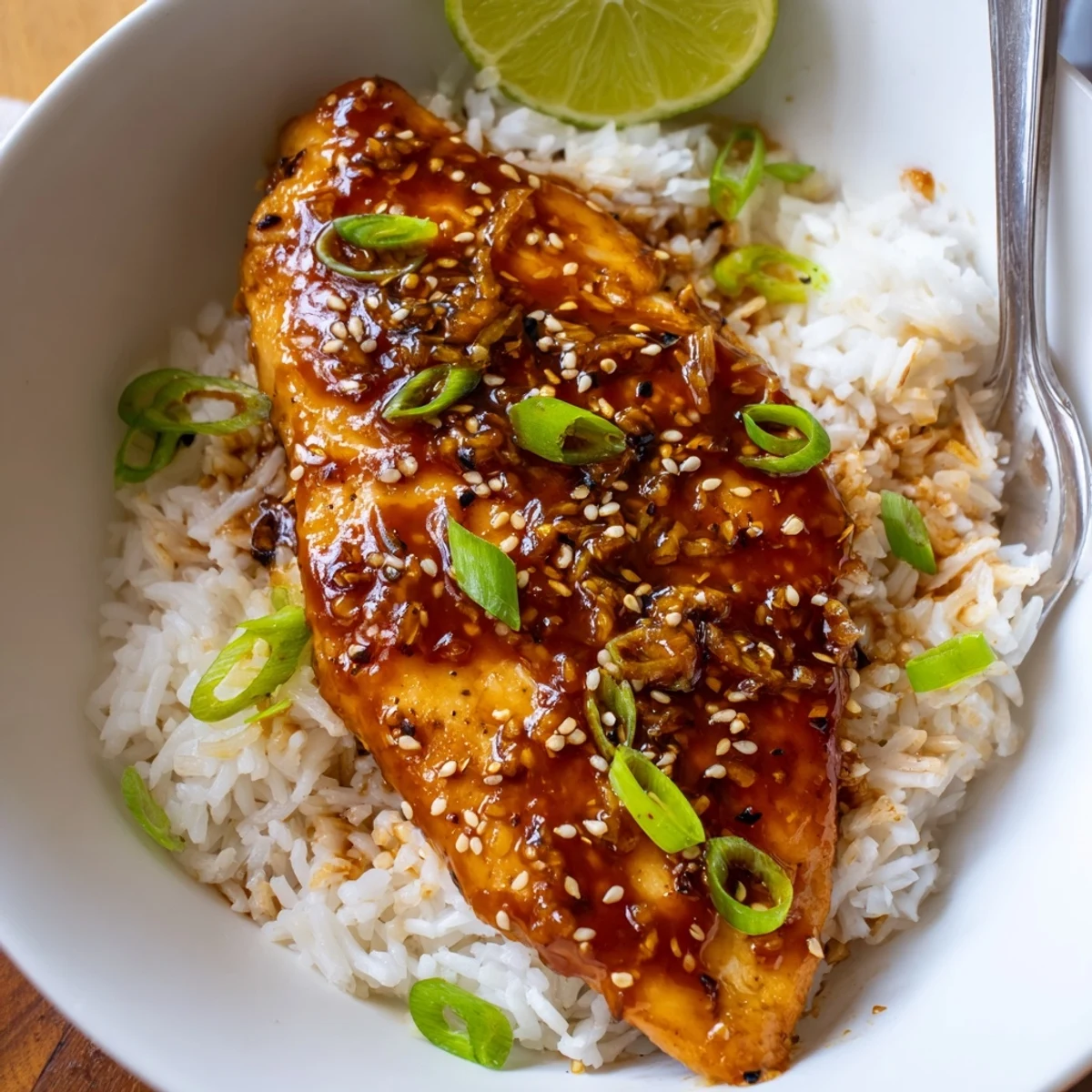 Spicy Maple Chicken And Coconut Rice glistening with sticky maple glaze, fragrant