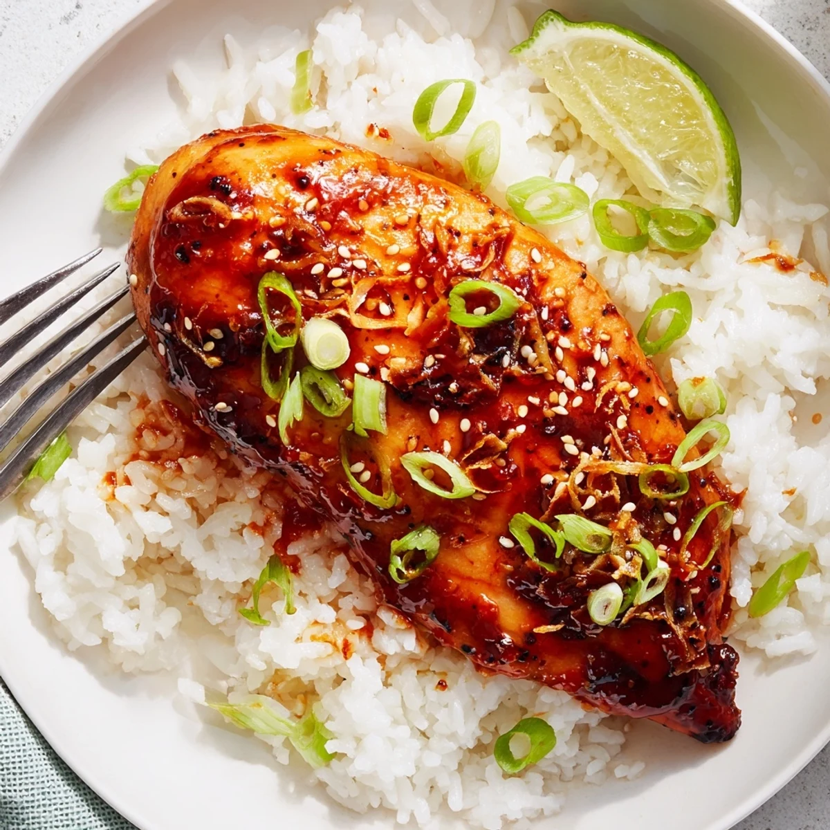 A plate of Spicy Maple Chicken And Coconut Rice garnished with lime wedges