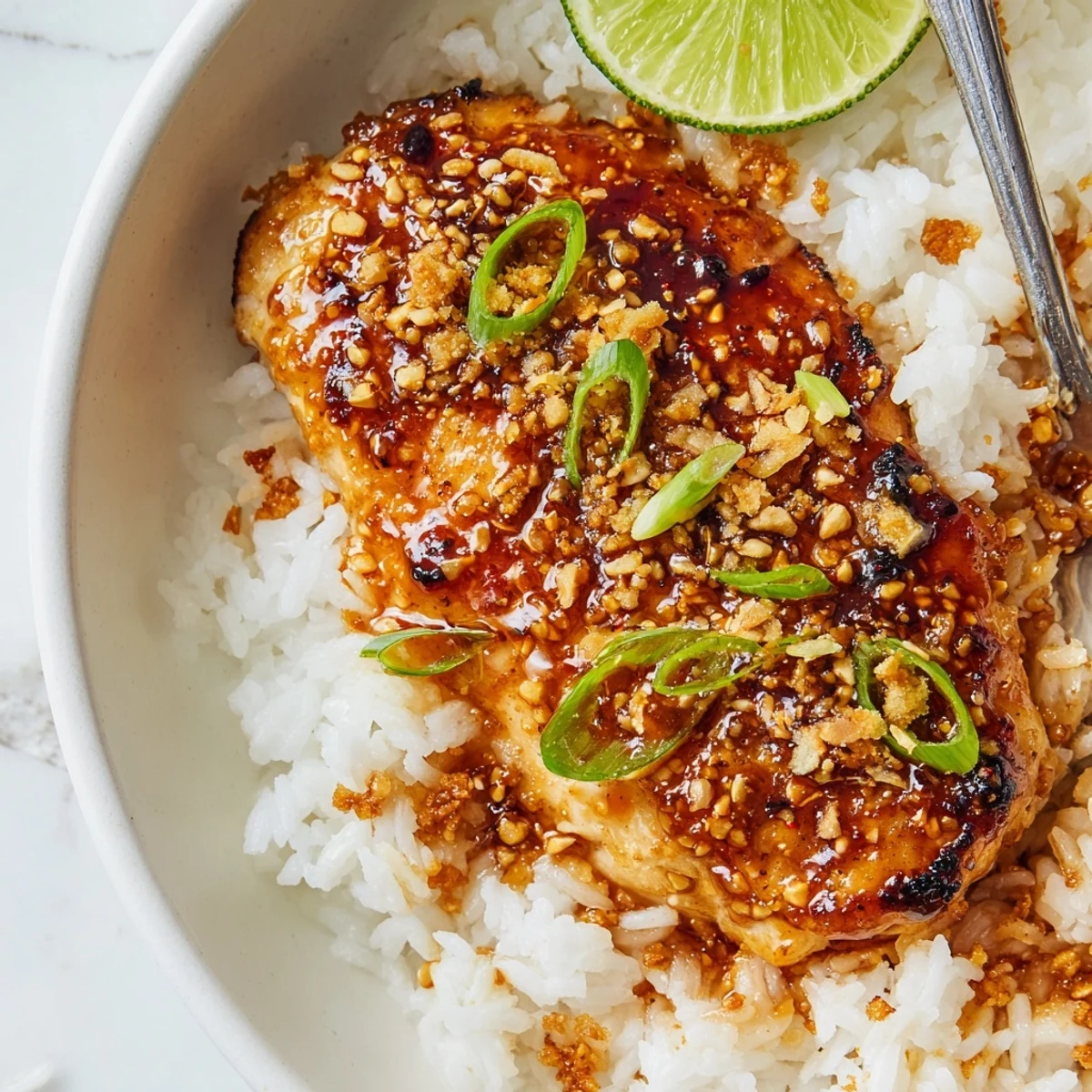 Seared Spicy Maple Chicken And Coconut Rice served with scallions, toasted sesame seeds
