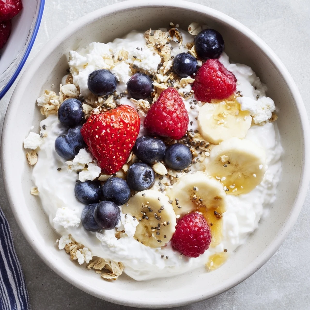 Cottage Cheese Breakfast Bowl with juicy mixed berries, crunchy granola, honey drizzle