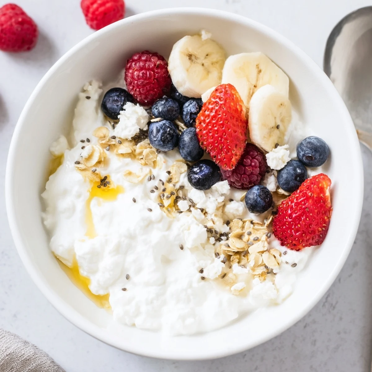 Creamy Cottage Cheese Breakfast Bowl layered with banana slices, granola, and syrup