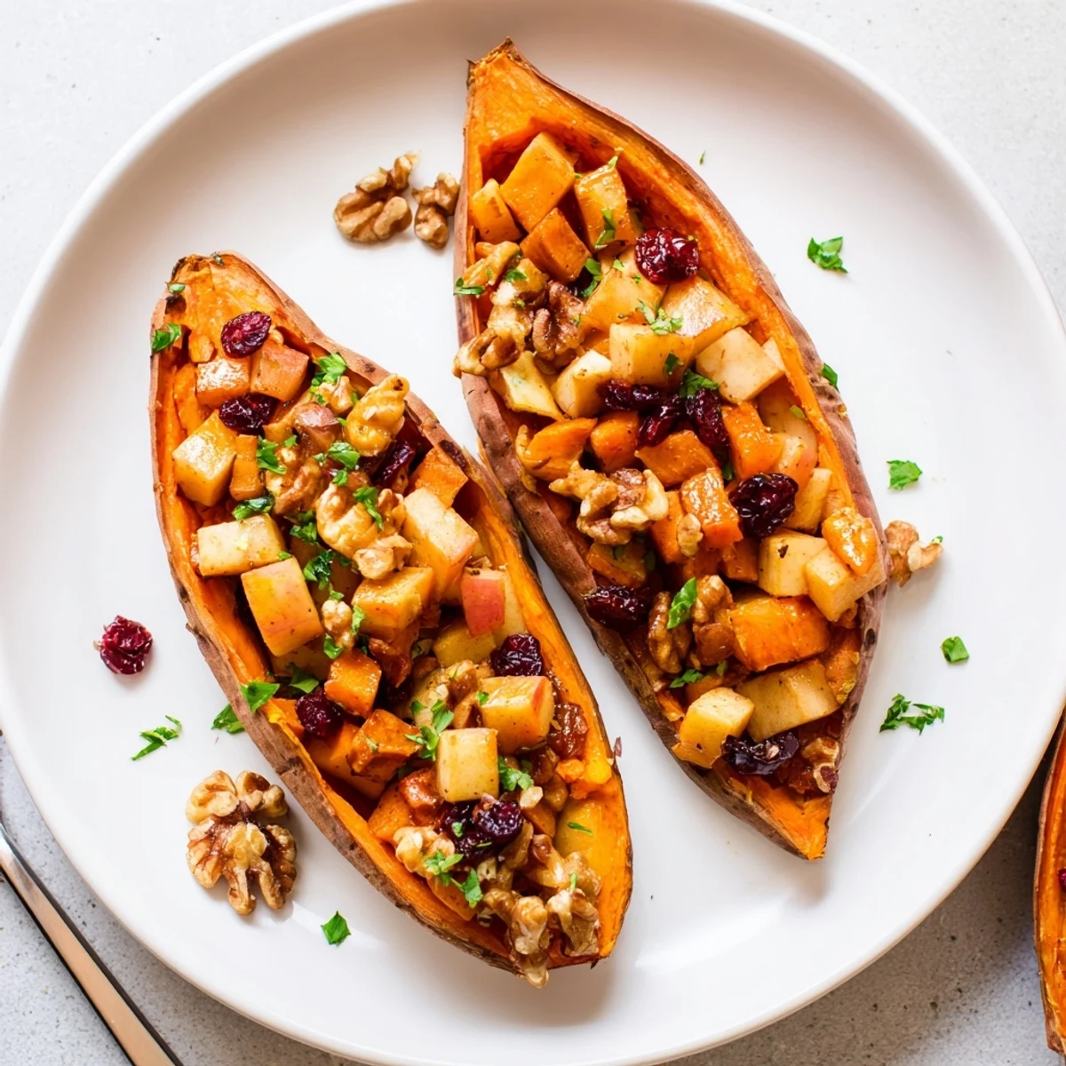 Oven-roasted Stuffed Sweet Potatoes With Apples piled with walnuts and maple glaze