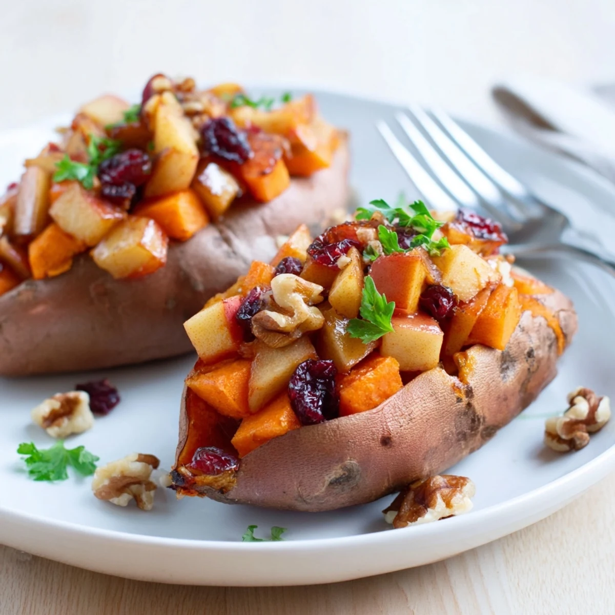 Warm Stuffed Sweet Potatoes With Apples, fork-fluffed tubers with cinnamon-spiced filling
