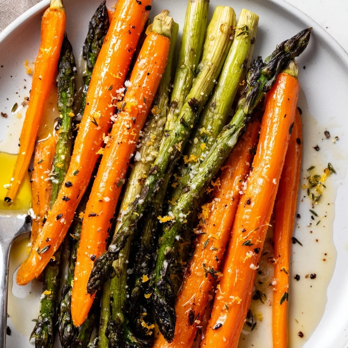 Warm Roasted Asparagus Carrots on a baking sheet, herbed and glistening