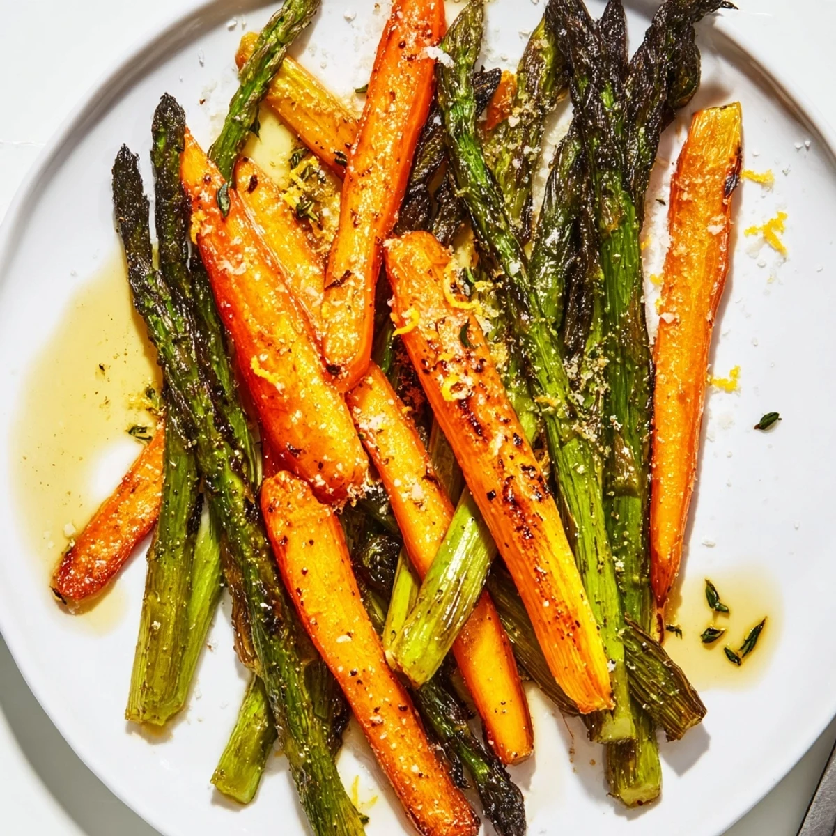 Plated Roasted Asparagus Carrots served beside baked salmon, bright citrus finish