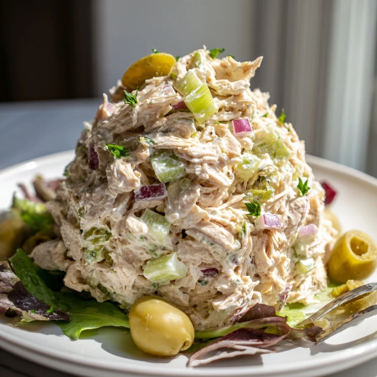 High Protein Pepperoncini Chicken Salad piled on mixed greens, tangy and crunchy