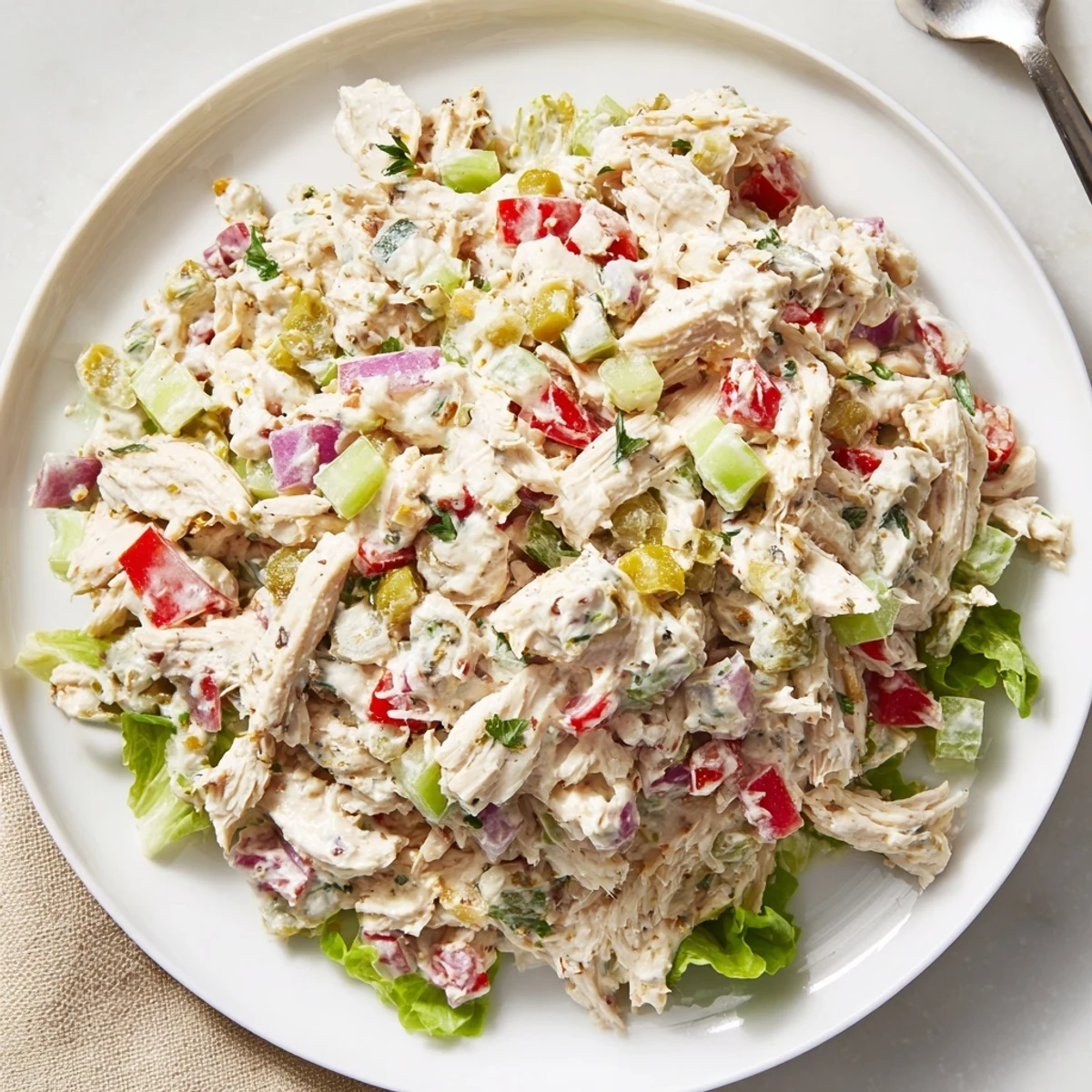 Chilled High Protein Pepperoncini Chicken Salad with crisp celery and red pepper