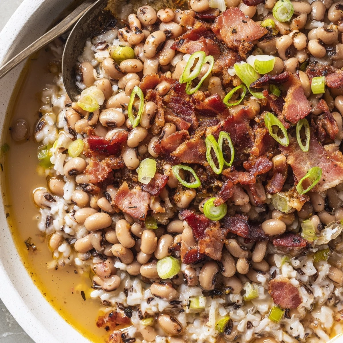 Hearty Smoky Southern Hoppin John steaming in a bowl, smoky bacon aroma  