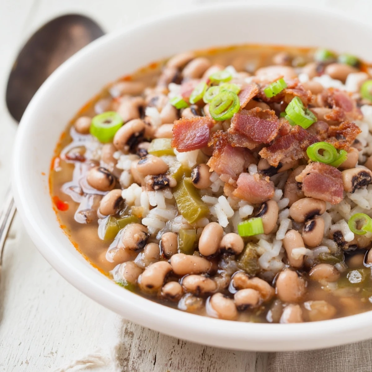 Hearty Smoky Southern Hoppin John garnished with green onions, served with cornbread