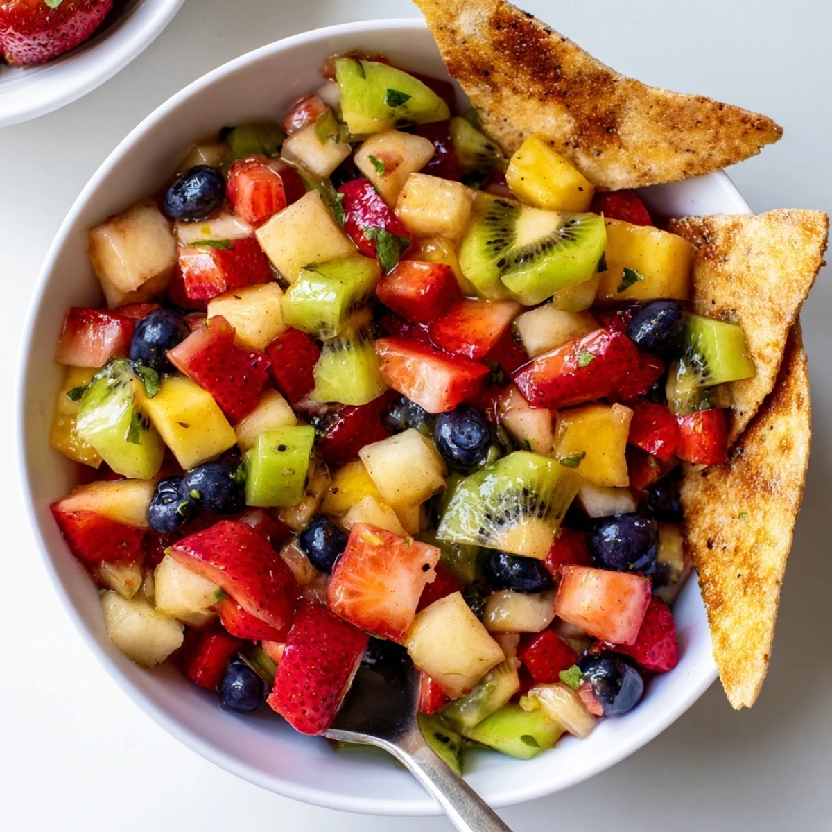 Creamy-sweet fruit bowl paired with crunchy Fruit Salsa With Cinnamon Sugar Tortilla Chips