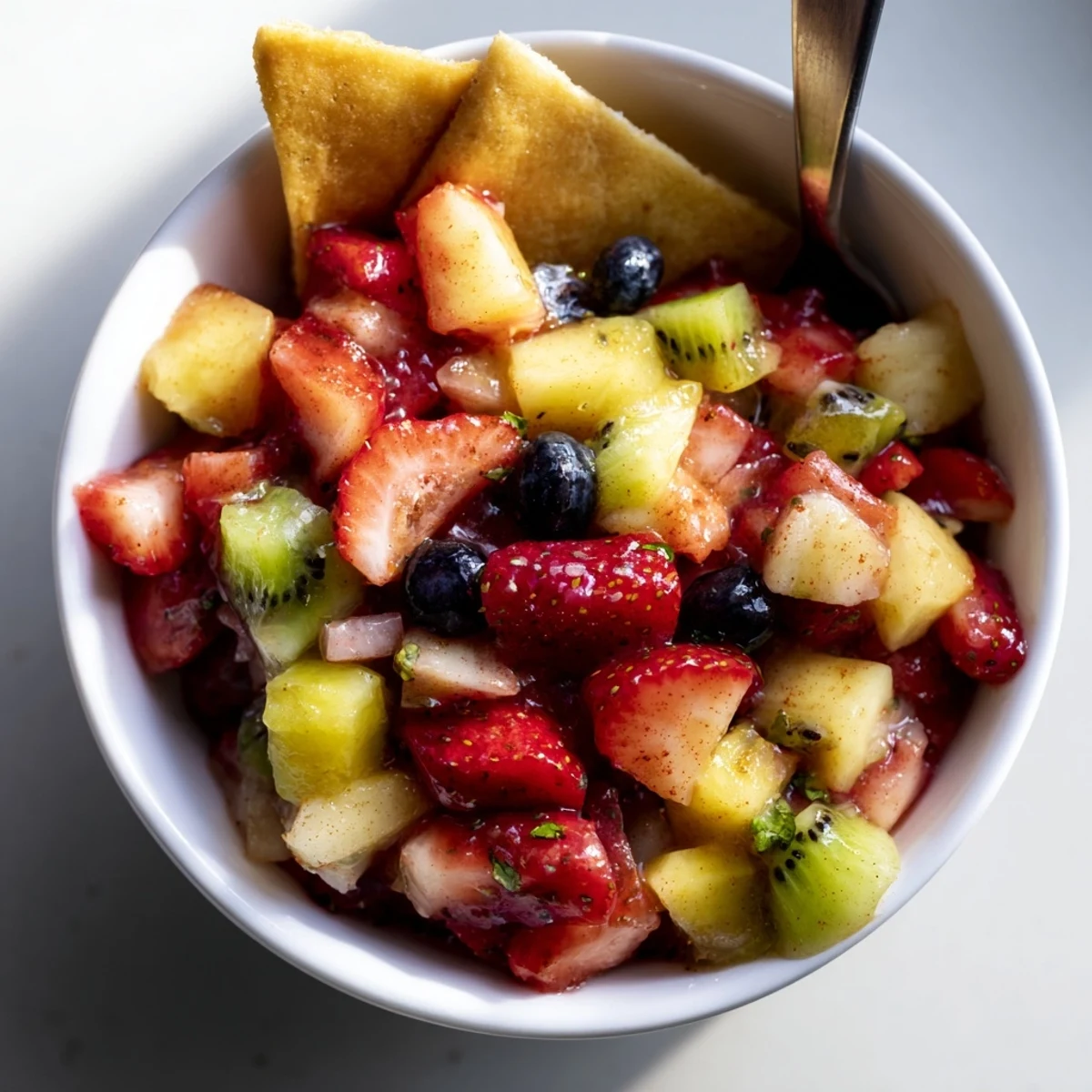 Zesty lime-spritzed Fruit Salsa With Cinnamon Sugar Tortilla Chips, perfect for summer parties