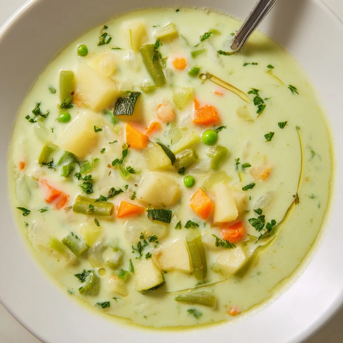 Creamy Vegetable Soup Recipe steaming in bowl, velvety texture, parsley garnish.