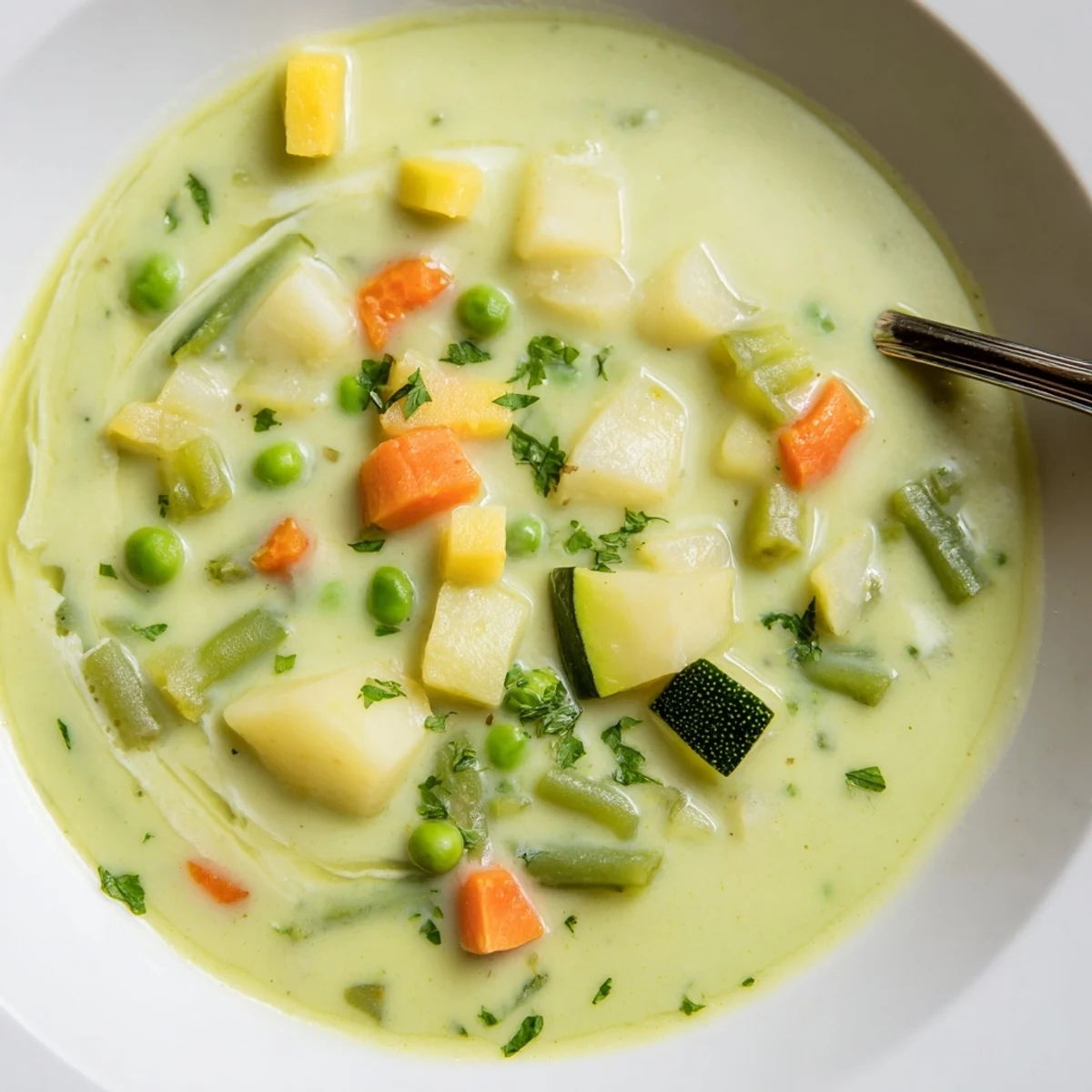 Bowl of Creamy Vegetable Soup Recipe beside crusty bread, warm aroma.