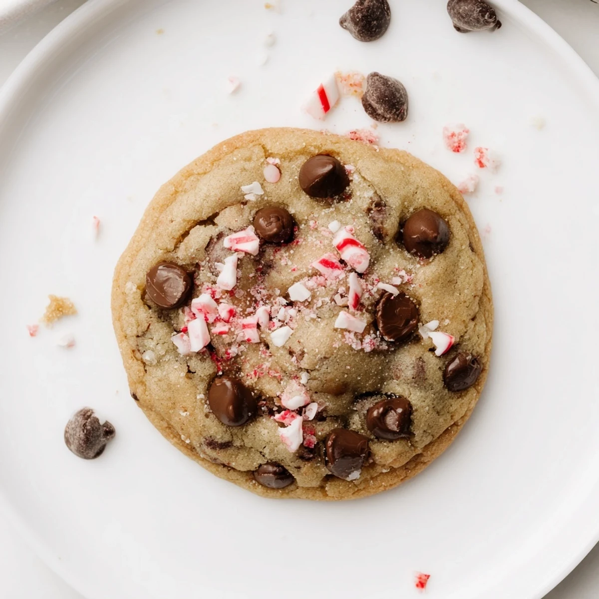 A plate of Peppermint Chocolate Chip Cookies with glossy chips and crushed candy canes
