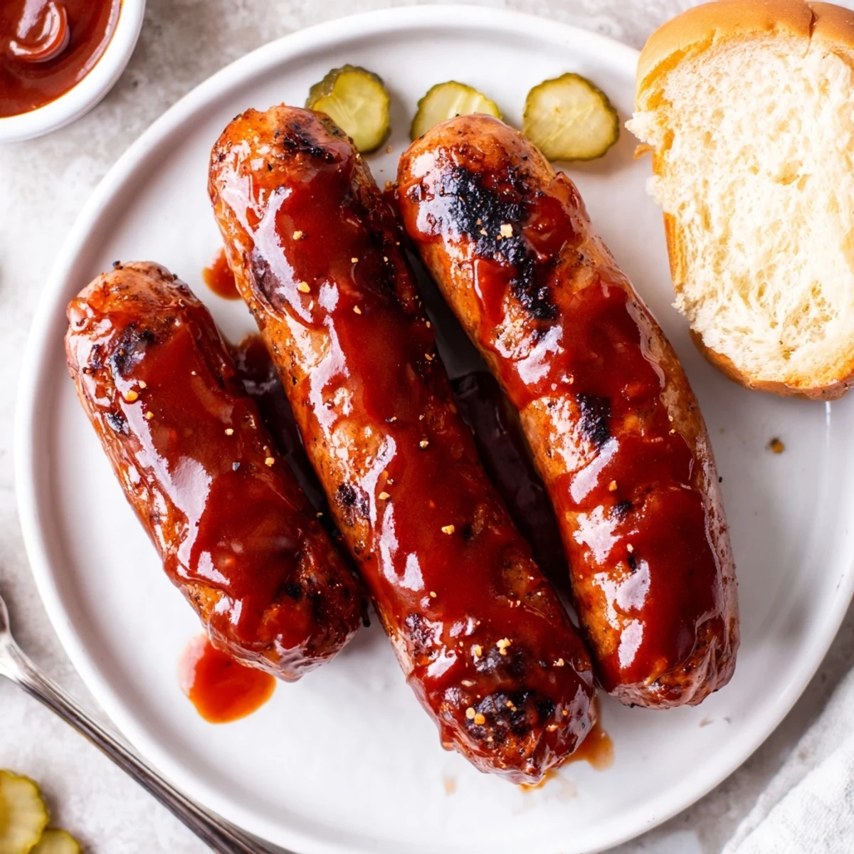 Grilled BBQ Sausage Recipe served in buns with tangy coleslaw and pickles.