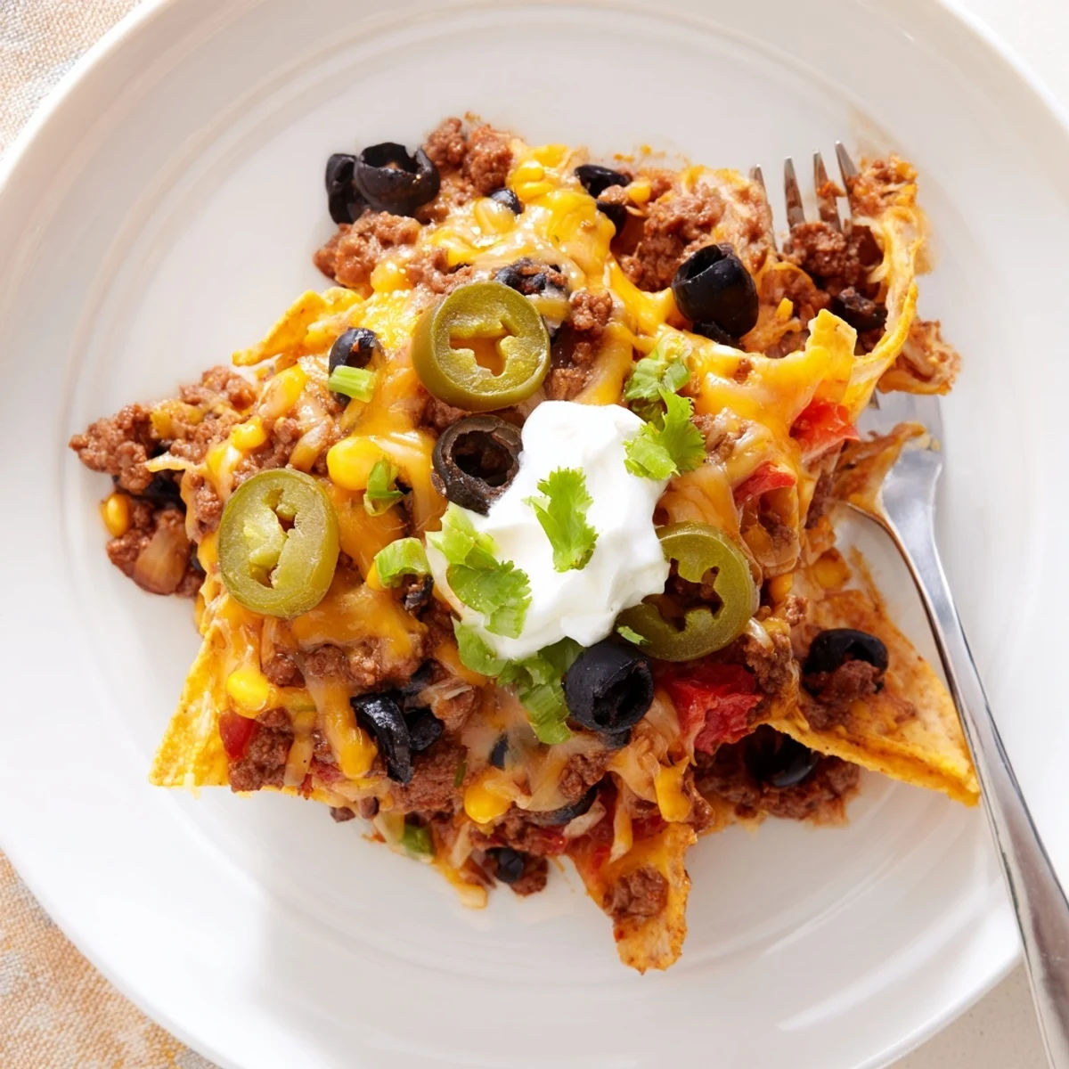 A layered Cheesy Nacho Casserole featuring spiced beef, warm beans, fresh cilantro.