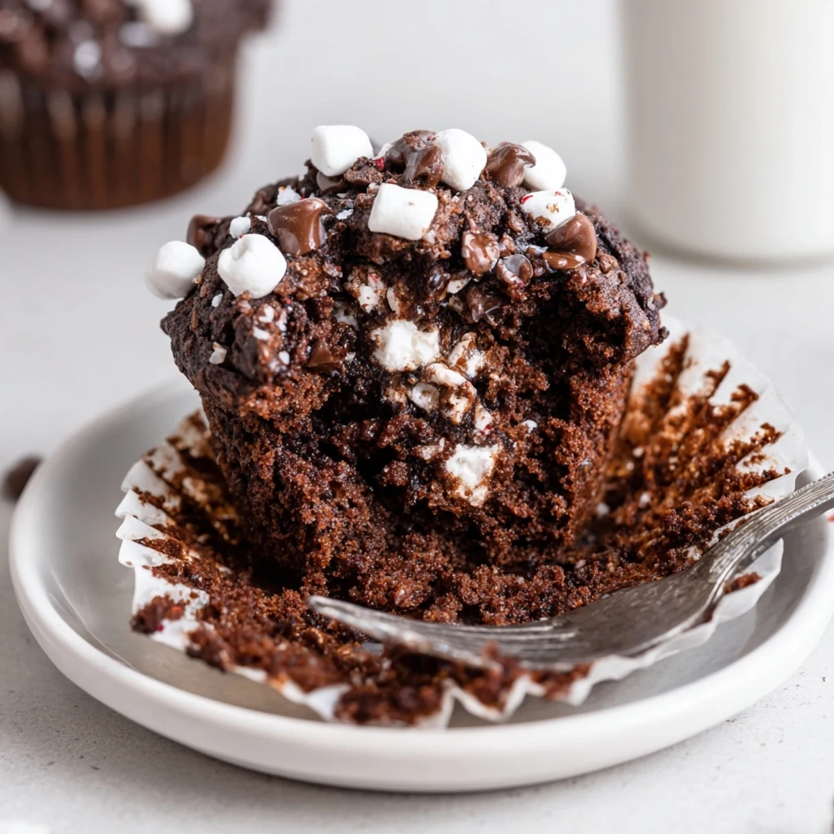 Peppermint Hot Chocolate Muffins steaming on a rack, chocolate chips glistening  