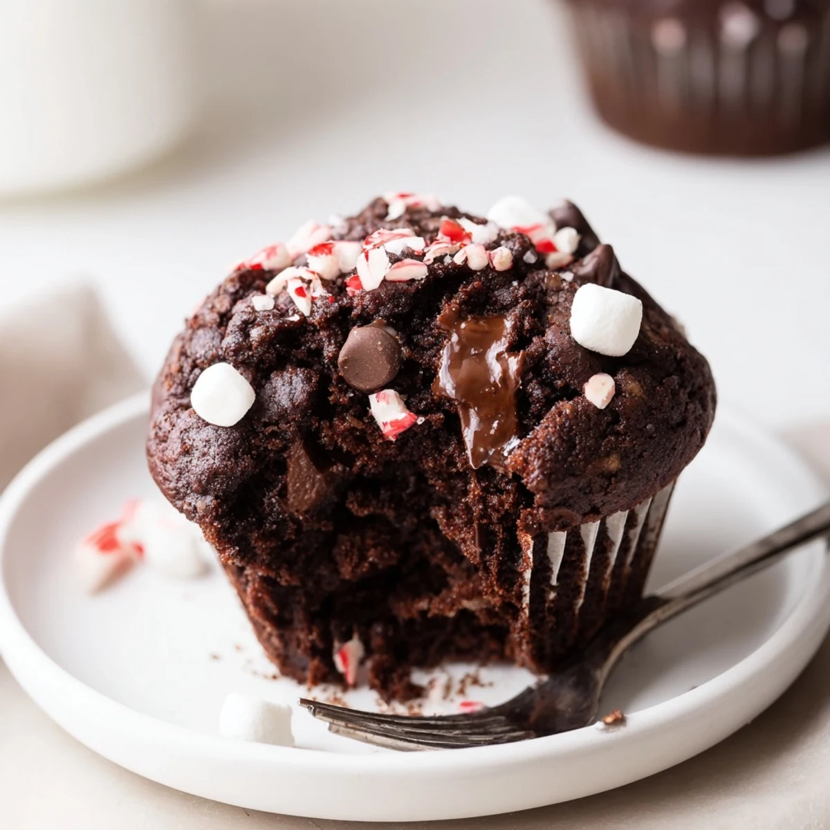 Warm Peppermint Hot Chocolate Muffins with crushed peppermint, gooey marshmallows inside  