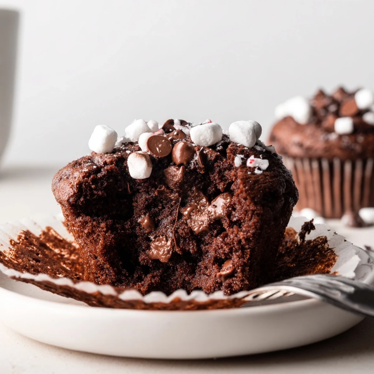 Tray of freshly baked Peppermint Hot Chocolate Muffins, perfect with whipped cream