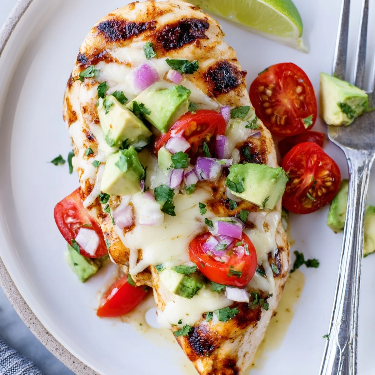 Grilled Fiesta Lime Chicken With Avocado glistening, garnished with cilantro and lime