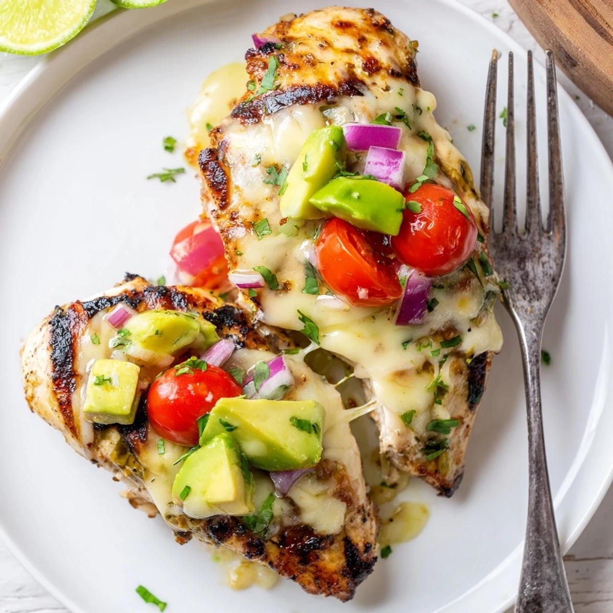 Zesty Fiesta Lime Chicken With Avocado served over rice with fresh tomatoes