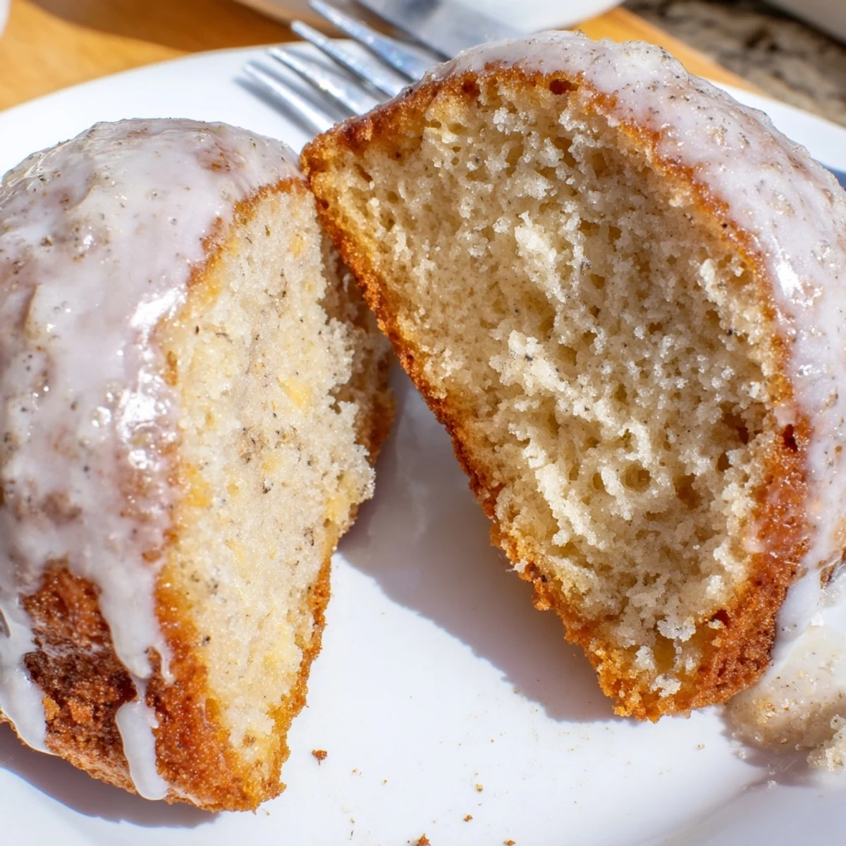 Plate of glazed Banana Donuts beside a steaming cup of coffee