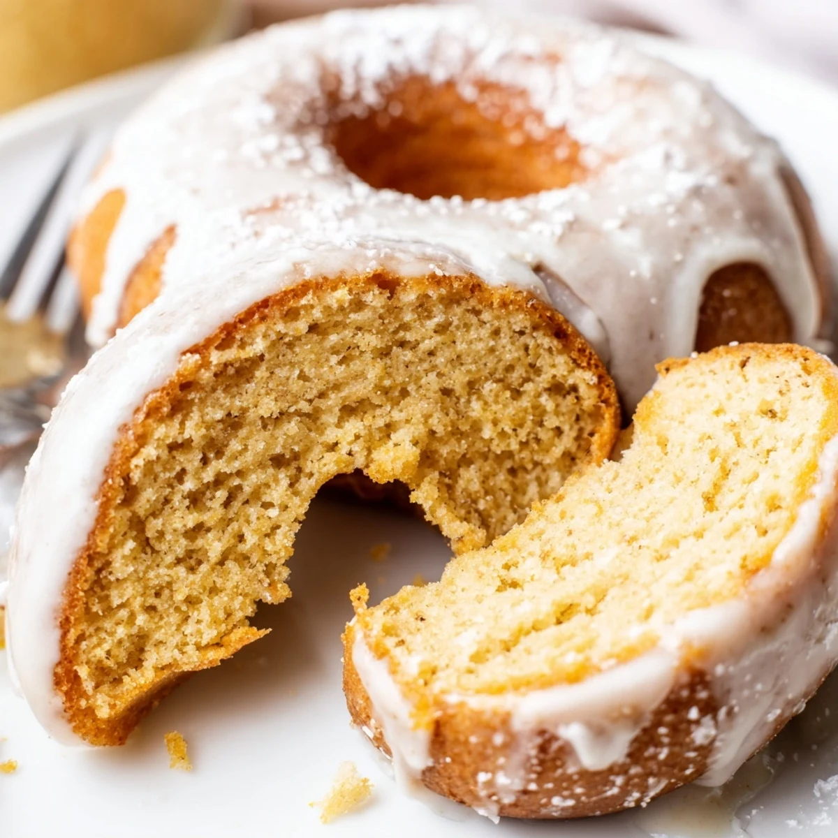 Baked Banana Donuts sliced open showing moist, fluffy, banana-speckled crumb