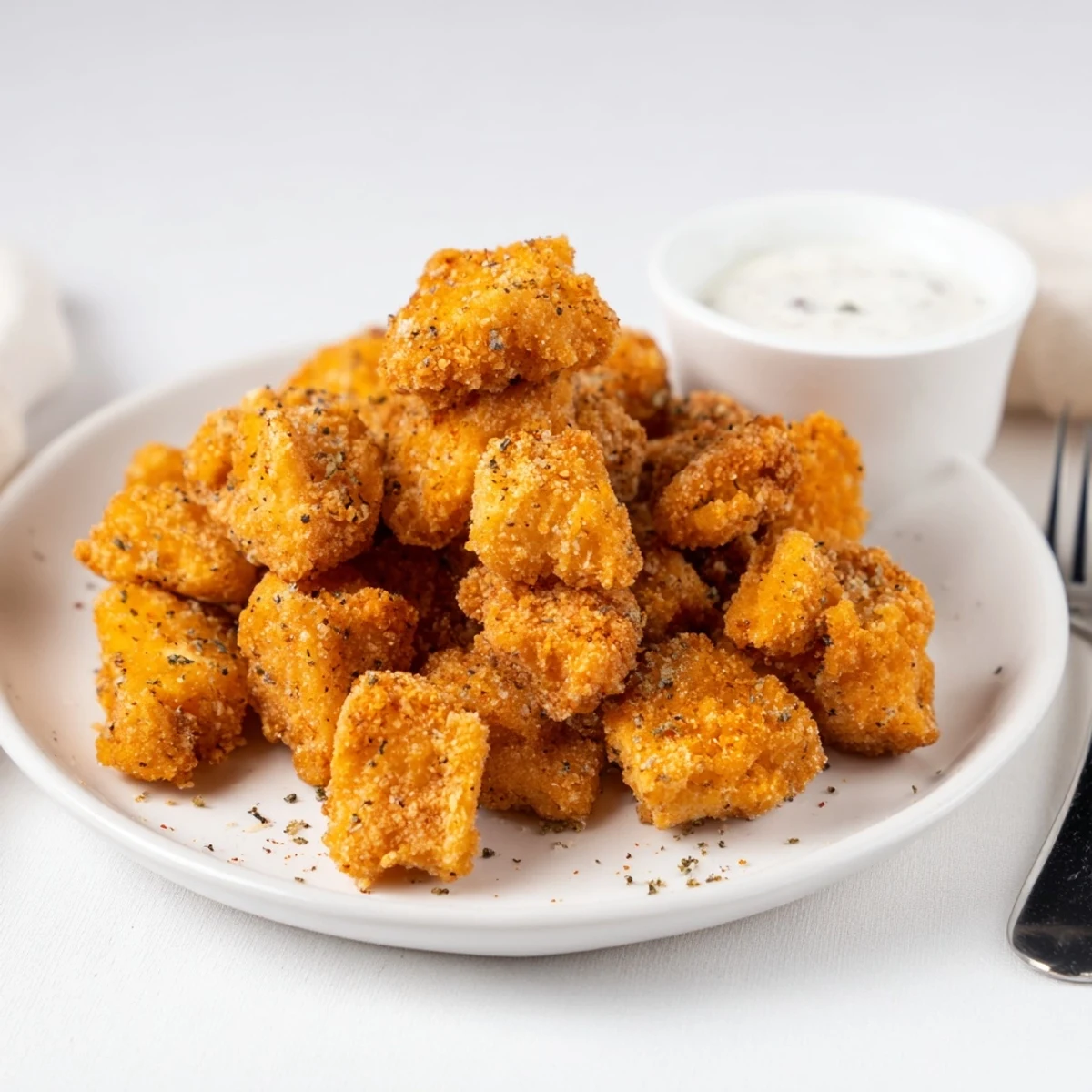 Crispy golden Chicken Bites steaming on a platter with ranch dipping sauce